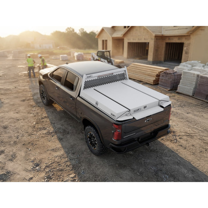 Highway Products Pickup Pack, w/ White Diamond Plate Lid, w/ White Smooth Aluminum Base, w/ Mesh Headache Rack Model 39203WFMN