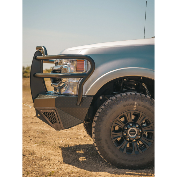 Bodyguard T2 Front Extreme 2017-2022 Ford F250/F350 No Sensors Cutouts Factory Fog Cutouts Winch Mount Skid Plate W/O Mesh Grille With Camera Harness Bare Metal Model EEF17BNWBNH
