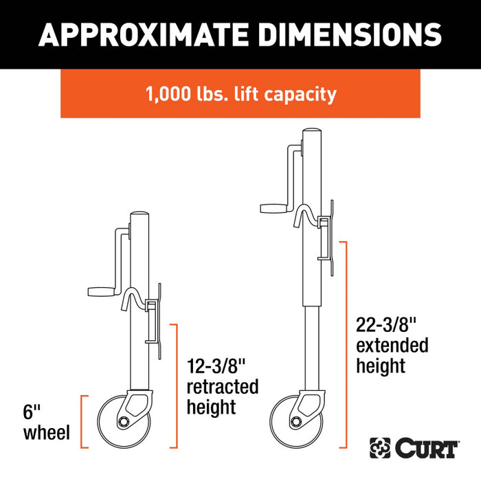 CURT Marine Trailer Jack with 6" Wheel (1,000 lbs, 10" Travel) Model 25004