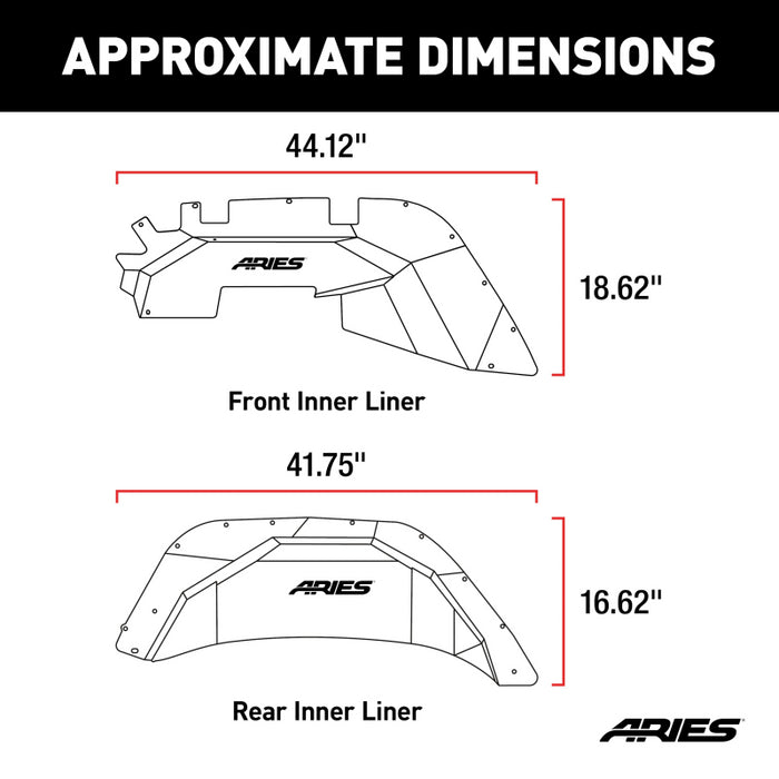 ARIES Jeep Wrangler JL Aluminum Front and Rear Inner Fender Liners Model 2500650