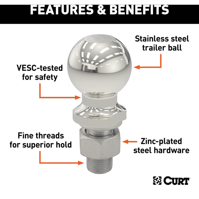 CURT Stainless Steel Trailer Hitch Ball, 3,500 lbs, 1-7/8-Inch Diameter, 1 x 2-1/8-Inch Shank Model 40051