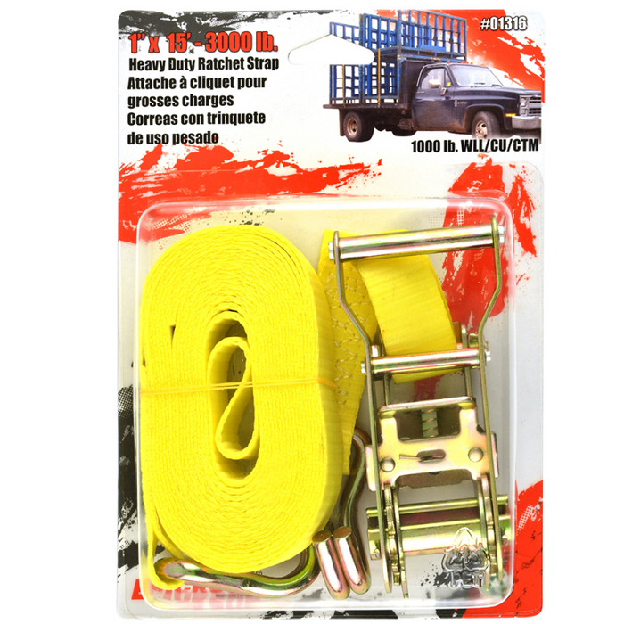 Erickson Manufacturing 1 In X 15Ft 3000Lb Ratchet Strap With Double J-Hooks Yellow Model 51316