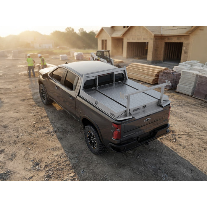 Highway Products Pickup Pack, w/ Diamond Plate Lid, w/ Smooth Aluminum Base, w/ Open Post Headache Rack, w/ Ladder Rack Model 39203NFPL