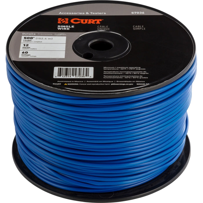 CURT Automotive Primary Wire, Blue 500-Foot Trailer Wiring Spool, 60-Volt, 12-Gauge Model 57036