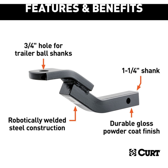 CURT Class 2 Trailer Hitch Ball Mount, Fits 1-1/4-Inch Receiver, 3,500 lbs, 3/4-Inch Hole, 3-1/8-Inch Rise Model 45510