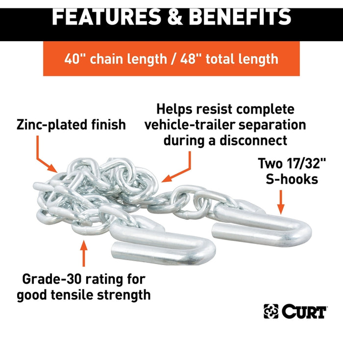 CURT 48-Inch Trailer Safety Chain with 17/32-In S-Hooks, 7,000 lbs Break Strength Model 80301