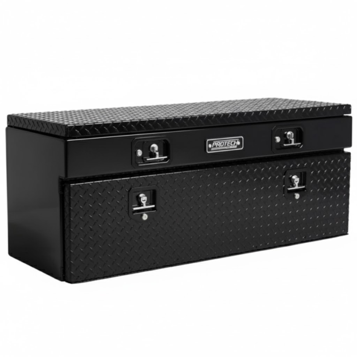 Protech Flatbed Top Mount Contractor Box - 1Drop/1Top 20Hx18Dx60L Diamond Plate Lid/Door Gloss Black Model 54-7850-GB
