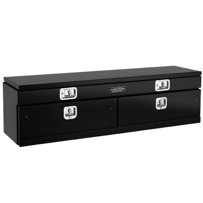 Protech Flatbed Top Mount Contractor Box - Smooth Lid/Door 2Drop/1Top 20Hx18Dx96L, Matte Textured Black Model 54-7886-TB