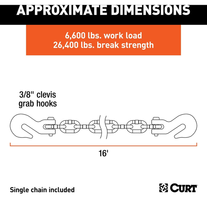 CURT 16-Foot Transport Binder Chain, 3/8-Inch Clevis Hooks, 26,400 lbs Break Strength, Load Tie-Down, Trailer, Flatbed Model 80310