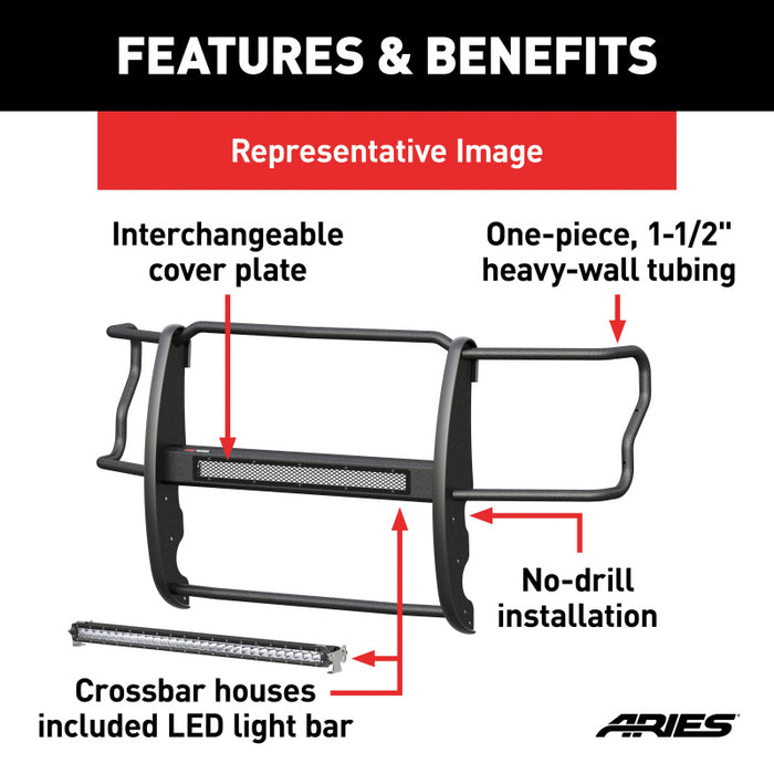 ARIES Pro Series Black Steel Grille Guard with Light Bar, Select Jeep Wrangler JK Model 2170000