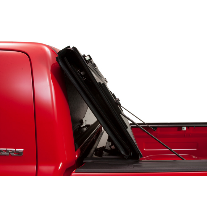 BAK BAKFlip FiberMax Hard Folding Truck Bed Cover - Rail Mounts Near Top of Bed Rail - Rails Can Be Lowered Using Drop Down Brackets - 22-24 Toyota Tundra 5' 7" Bed with or without Deck Rail System w/out Trail Special Edition Storage Boxes Model 1126440