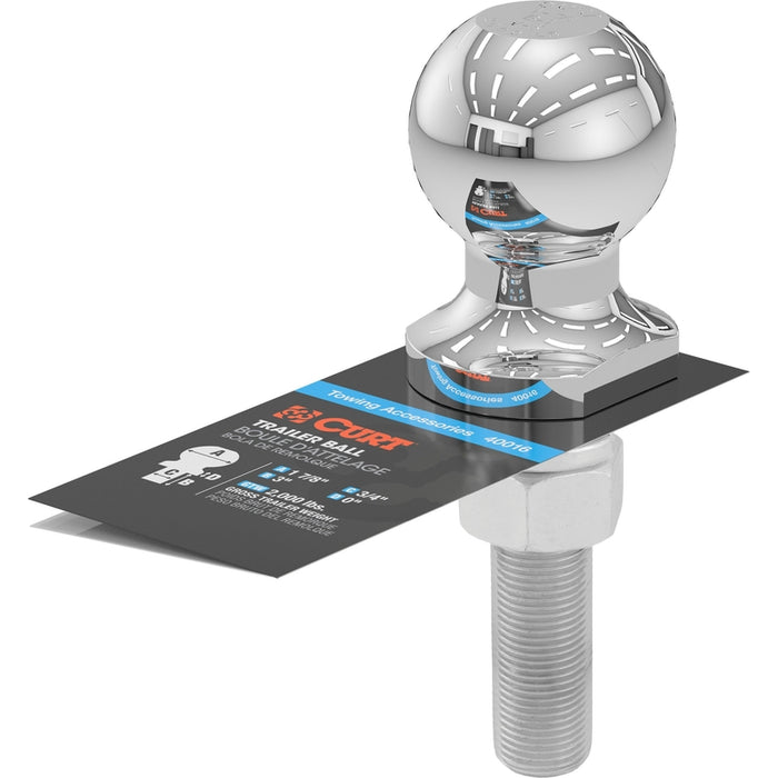 CURT Chrome Trailer Hitch Ball, 2,000 lbs, 1-7/8-Inch Diameter, 3/4 x 3-Inch Shank Model 40016