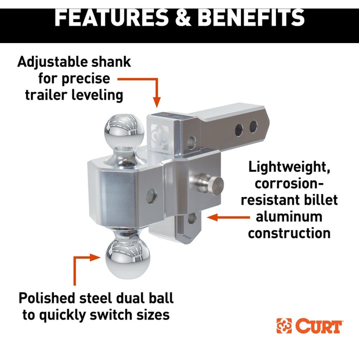 CURT AlumaLite Adjustable Aluminum Trailer Hitch with Dual Ball, 3-1/2" Drop, 12,500 lbs. GTW, 2" & 2-5/16" Balls Model 45364
