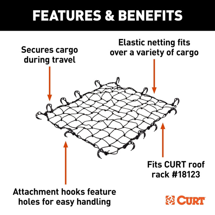 CURT 44 x 36-Inch Elastic Cargo Net with Hooks for Roof Basket Model 18218