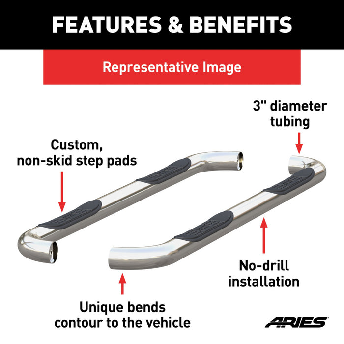 ARIES 3" Round Polished Stainless Side Bars, Select Nissan Equator, Frontier Model 209018-2
