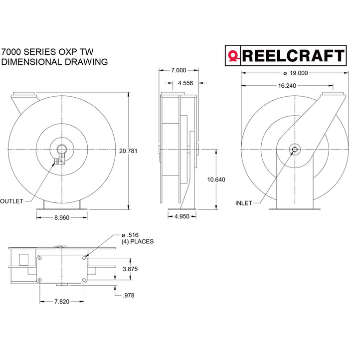 ReelCraft Series 7000 3/8 in. x 50 ft. Premium Duty Spring Retractable Hose Reel - 300 PSI Air/Water Model 7650OLP