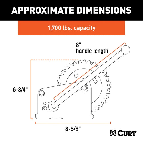CURT Manual Hand Crank Boat Trailer Winch, 1,700 lbs Capacity, 8-Inch Handle, 5.1:1 Gear Ratio Model 29427