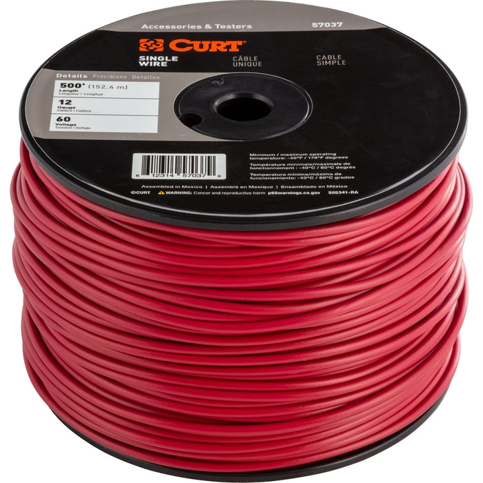 CURT Automotive Primary Wire, Red 500-Foot Trailer Wiring Spool, 60-Volt, 12-Gauge Model 57037