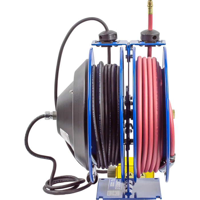 Coxreels Dual C Air-Electric Series Purpose Spring Rewind Reels 3/8 in. x 50 ft. - Quad Receptacle 12 AWG x 50 ft. - 20 Amps 300 PSI Hose Included Model C-L350-5012-B