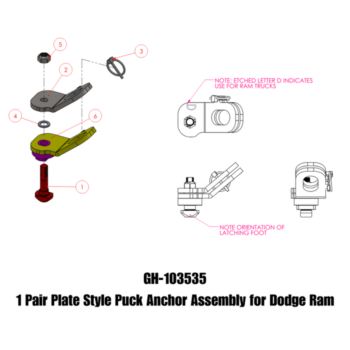 GEN-Y 1 Pair - Plate Style Puck Anchor Assembly - for Dodge Ram Model GH-103535