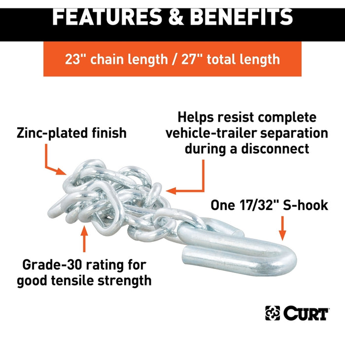 CURT 27-Inch Trailer Safety Chain with 17/32-In S-Hook, 7,000 lbs Break Strength Model 80300