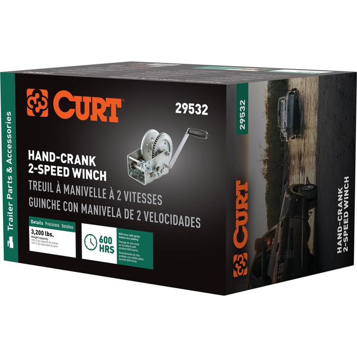 CURT Hand-Crank 2-Speed Winch, 3,200 lbs, 5.4:1 High, 17.5:1 Low Gear Ratio, 9.6" Handle Model 29532