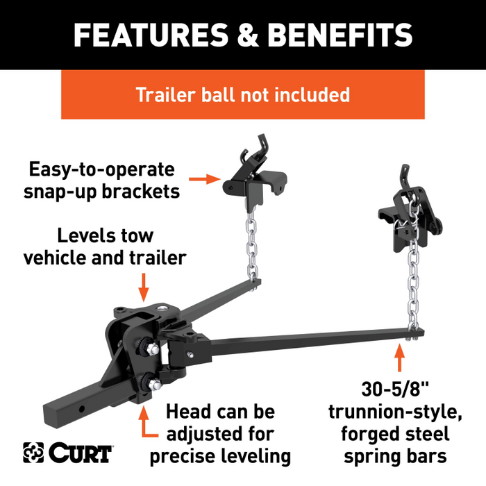 CURT Long Trunnion Bar Weight Distribution Hitch (5K - 6K lbs., 30-5/8" Bars) Model 17300