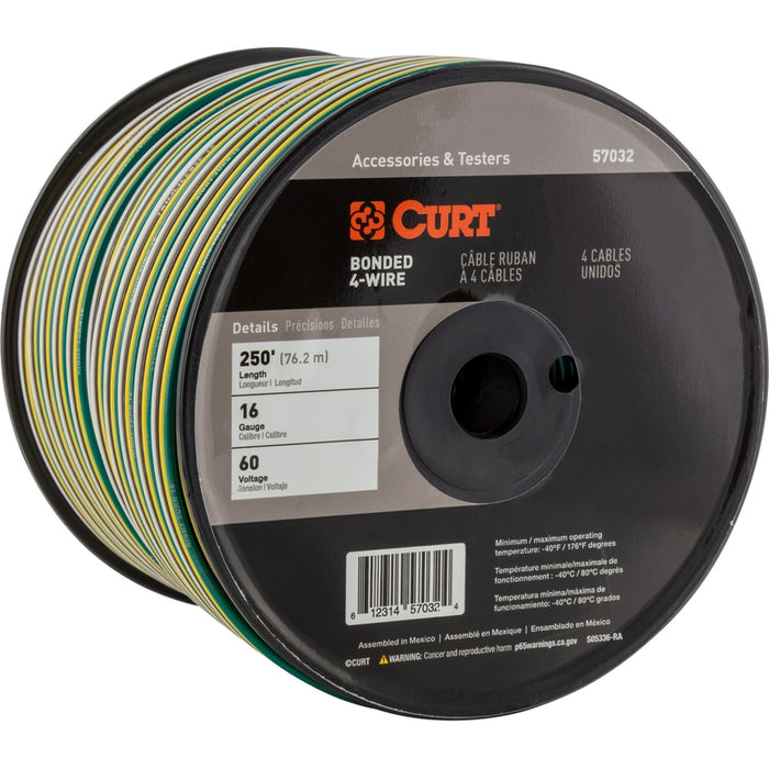 CURT Automotive Primary Wire, 4-Bond White, Brown, Yellow, Green 250-Foot Trailer Wiring Spool, 4-Way Flat, 60-Volt, 16-Gauge Model 57032