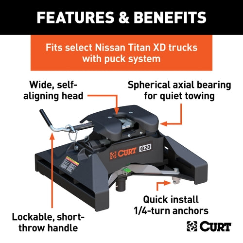 CURT Q20 5th Wheel Hitch, 20,000 lbs, Select Nissan Titan XD, 8-Foot Bed Puck System Model 16075