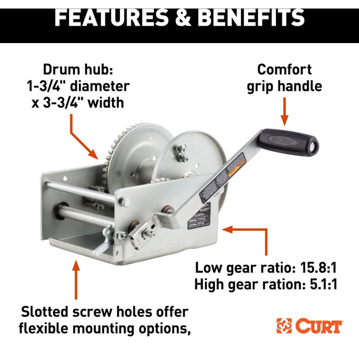 CURT Hand-Crank 2-Speed Winch, 3,800 lbs, 5.1:1 High, 15.8:1 Low Gear Ratio, 9.6" Handle Model 29538