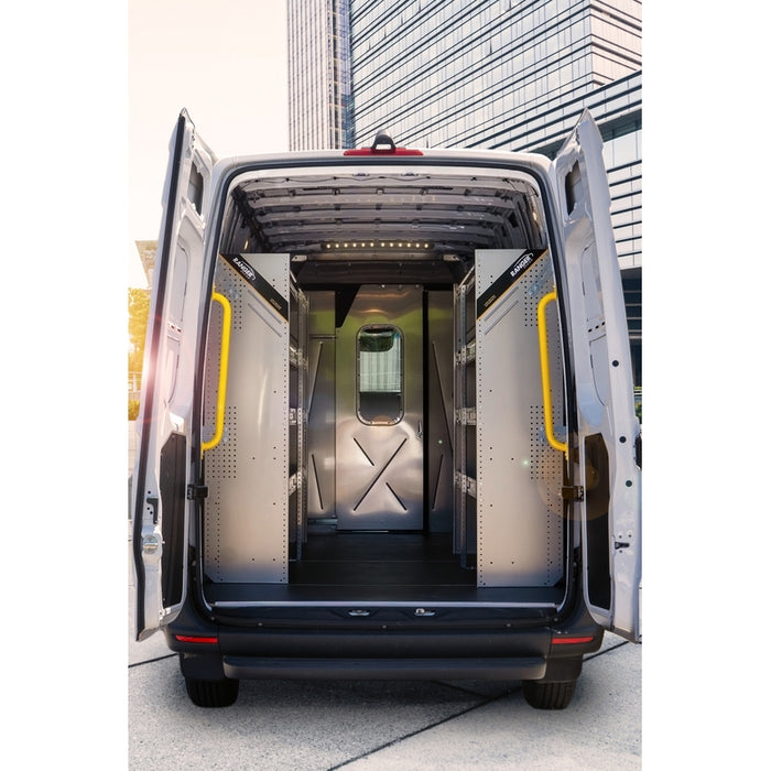 Ranger Design Aluminum 20" Straight Sliding Door Partition for Ford Transit Mid Roof 130" & 148" Wheelbase w/ Polycarbonate Window Model 3067-FTM