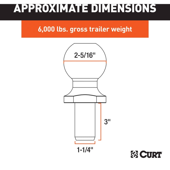 CURT Chrome Trailer Hitch Ball, 6,000 lbs, 2-5/16-Inch Diameter, 1-1/4 x 3-Inch Shank Model 40022