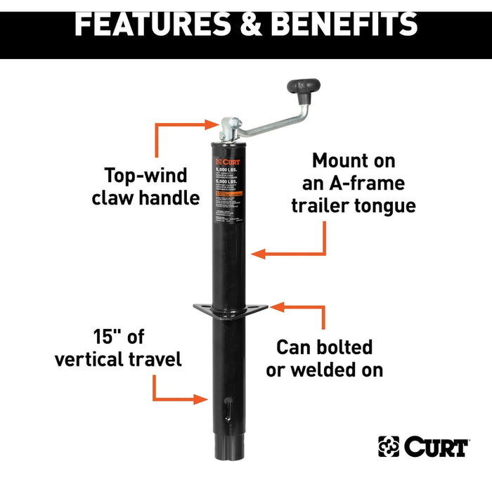 CURT A-Frame Trailer Tongue Jack, 5,000 lbs. Support Capacity, 15 Inches Vertical Travel Model 25007