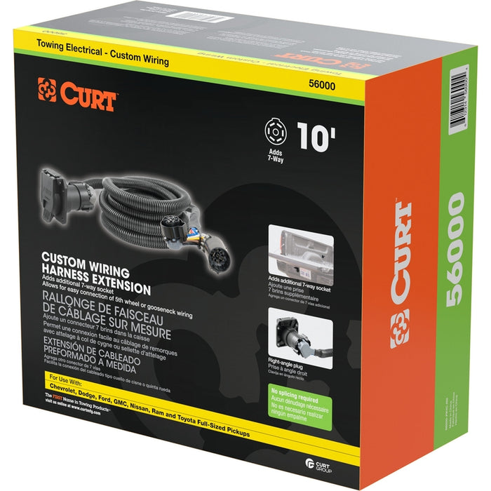 CURT 10-Foot Vehicle-Side Truck Bed 7-Pin Trailer Wiring Harness Extensions, Select Chevy, Dodge, Ford, GMC, Nissan, Ram, Toyota, 10-Pk Model 56000010