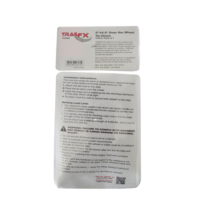 TrailFX Over The Wheel Tie Down 5.5 Ft 2000 Lb Cap W/O Ratchet Yellow Single Model A92021Y