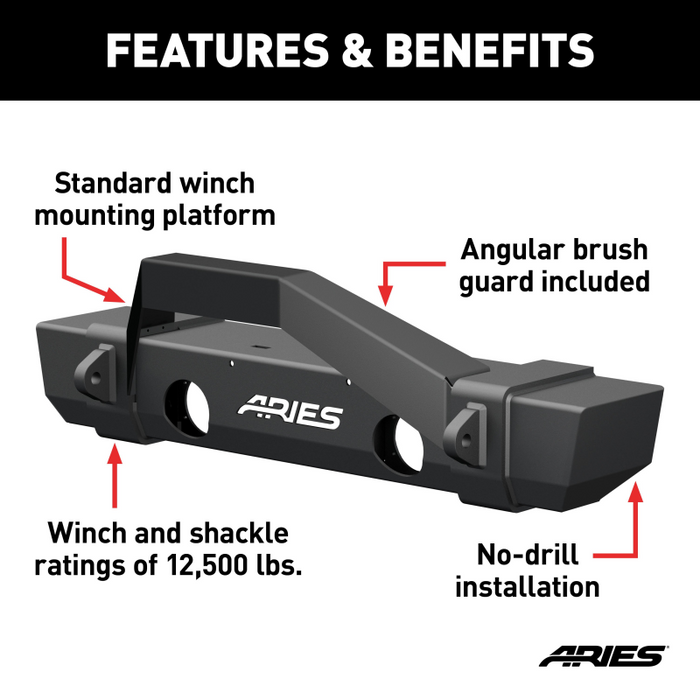 ARIES TrailCrusher Jeep Wrangler JK Steel Front Bumper with Brush Guard, 12.5K Model 2186000