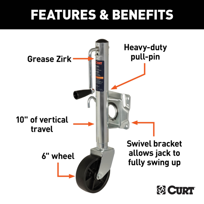 CURT Marine Trailer Jack with 6" Wheel 1,000 lbs, 10" Travel Model 25003