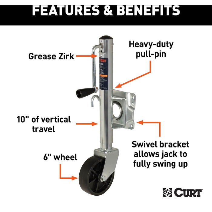 CURT Marine Boat Trailer Tongue Jack with 6-Inch Wheel, 1,000 lbs. Support Capacity, 10 Inches Vertical Travel Model 25003