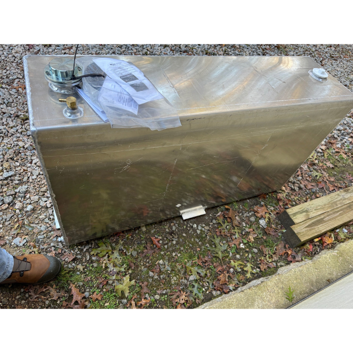 RDS 70 Gallon Vertical Transfer Tank Bright Aluminum Mill Finish 48X13.5X26 Model # 72117