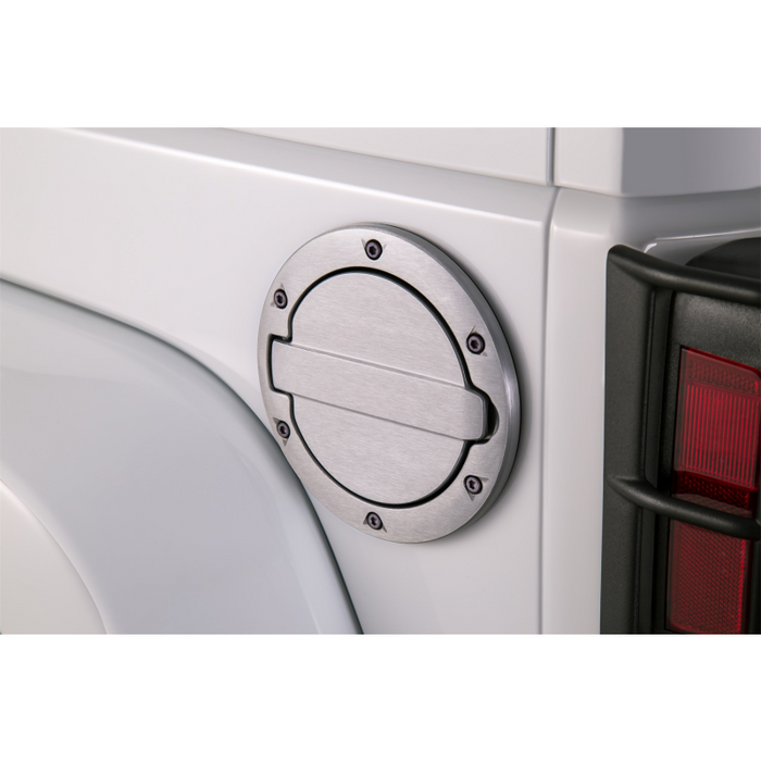 AMP Research Alloy Fuel Door, Brushed Aluminum - 07-18 Jeep Wrangler JK, 2 dr/4 dr Model 73000-00A