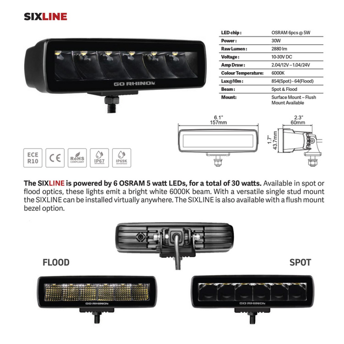 Go Rhino Blackout Series SIXLINE 6-LED Spot Lights with Flush Mount Model 750300621SBF