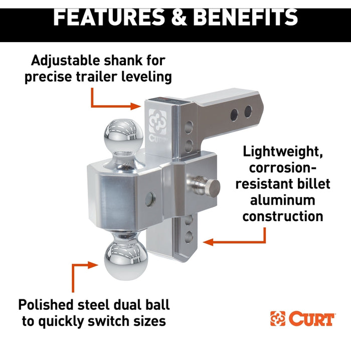 CURT AlumaLite Adjustable Aluminum Trailer Hitch with Dual Ball, 5-1/2" Drop, 12,500 lbs. GTW, 2" & 2-5/16" Balls Model 45363