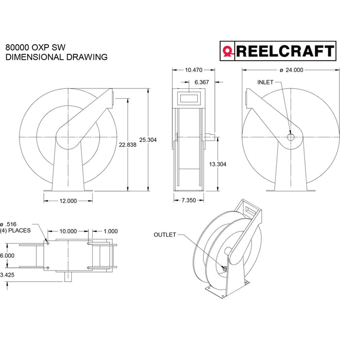 ReelCraft Series 80000 3/4 in. x 50 ft. Ultimate Duty Dual Pedestal No Hose Reel - 500 PSI Air/Water Model 83000OLP