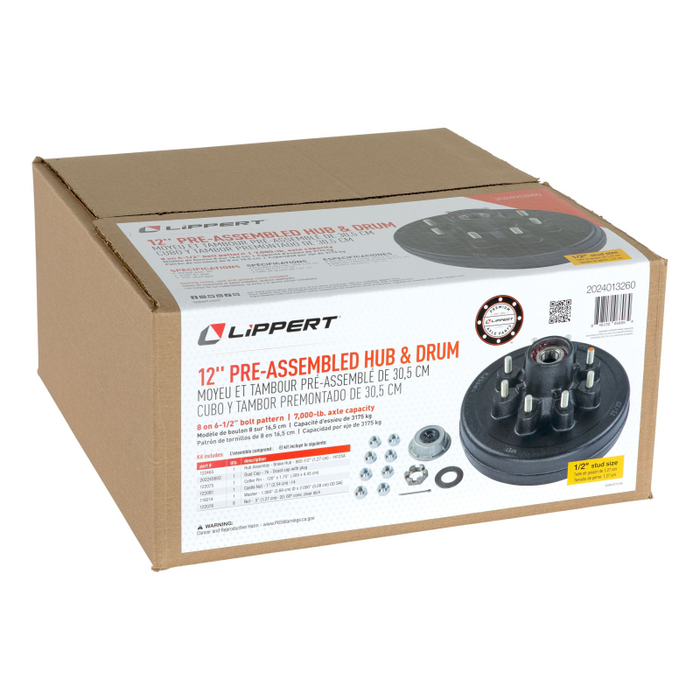 CURT 12" Brake Drum Hub Kit with Installed Bearings - 8 on 6-1/2", 1/2" Studs, 7,000-lb. Axles #2024013260 Model 2024013260