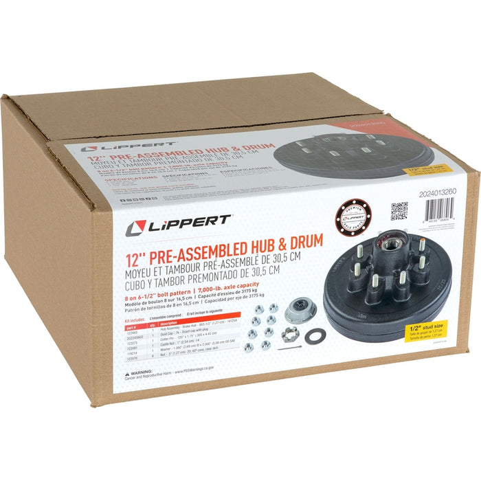 CURT 12" Brake Drum Hub Kit with Installed Bearings - 8 on 6-1/2", 1/2" Studs, 7,000-lb. Axles #2024013260 Model 2024013260