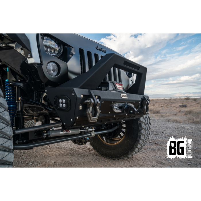 Bodyguard JK Front Bumper Stubby With Push Bar End Cap Light Cutouts With Camera Harness + Pod Texture Black Powder Coat Model 58134TNB