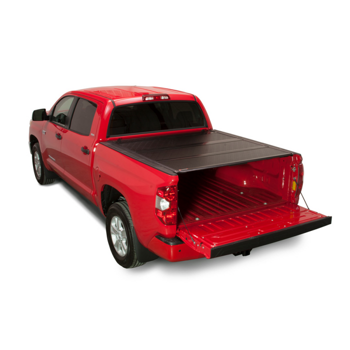 BAK BAKFlip FiberMax Hard Folding Truck Bed Cover - Rail Mounts Near Top of Bed Rail - Rails Can Be Lowered Using Drop Down Brackets - 22-24 Toyota Tundra 5' 7" Bed with or without Deck Rail System w/out Trail Special Edition Storage Boxes Model 1126440