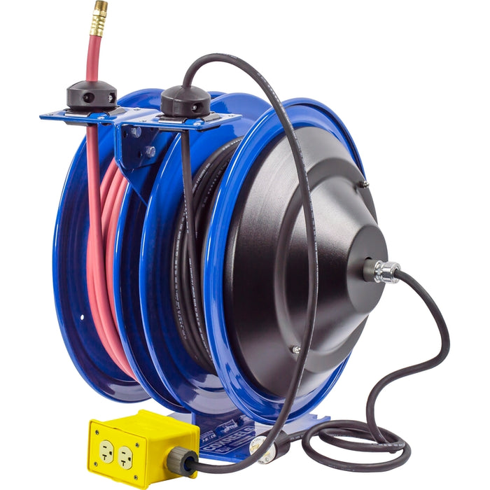 Coxreels Dual C Air-Electric Series Purpose Spring Rewind Reels 3/8 in. x 50 ft. - Quad Receptacle 12 AWG x 50 ft. - 20 Amps 300 PSI Hose Included Model C-L350-5012-B