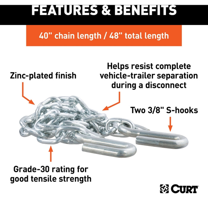 CURT 48-Inch Trailer Safety Chain with 3/8-In S-Hooks, 2,000 lbs Break Strength Model 80010