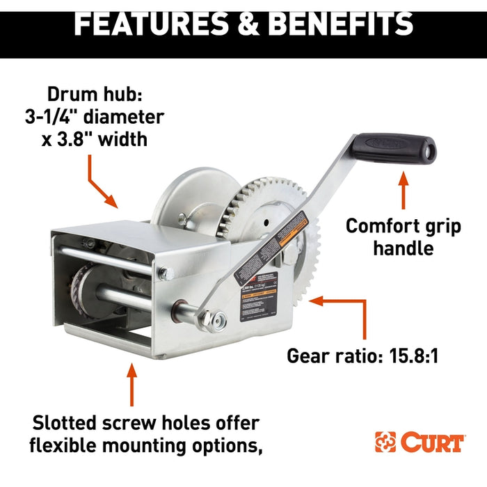 CURT Hand-Crank Brake Winch, 2,500 lbs, 15.8:1 Gear Ratio, 10.6" Handle Model 29625